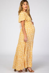 Yellow Floral Smocked Front Pleated Hem Maternity Maxi Dress