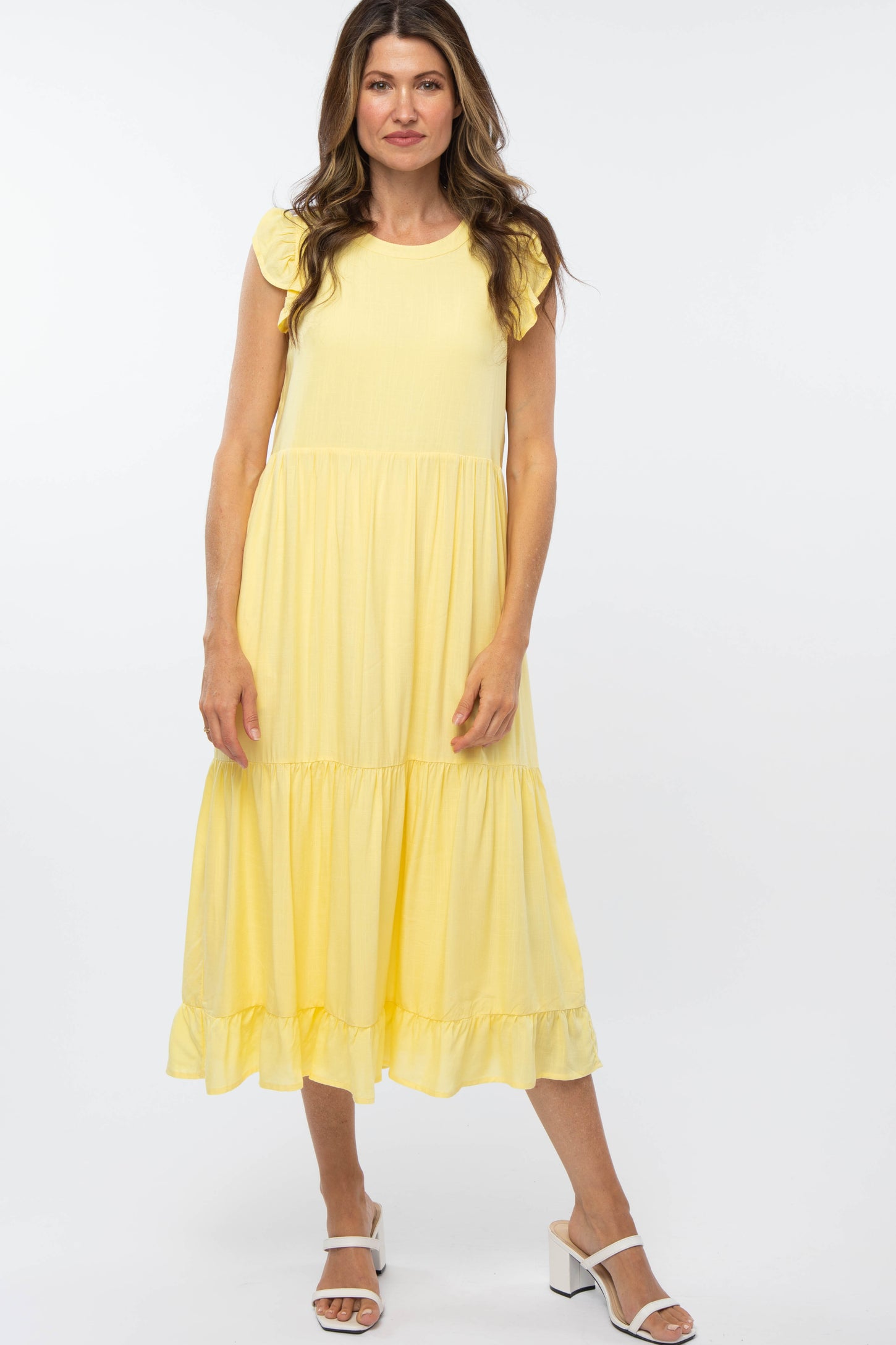 Yellow Ruffle Sleeve Tiered Midi Dress
