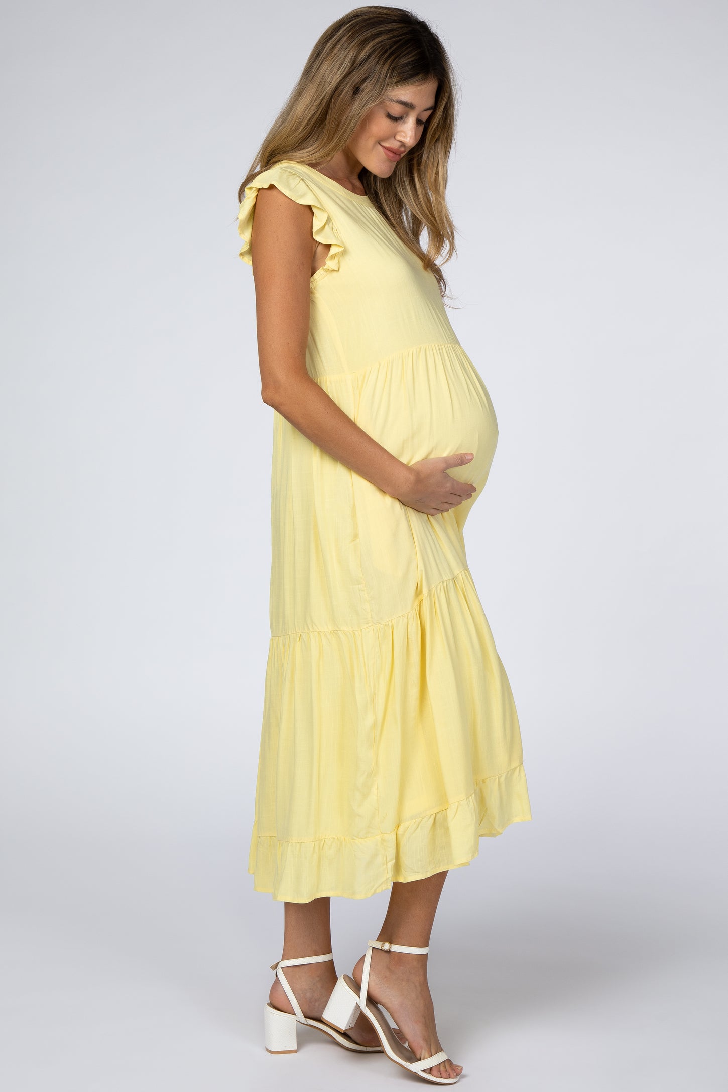 Yellow Ruffle Sleeve Tiered Maternity Midi Dress