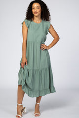 Sage Ruffle Sleeve Tiered Maternity Midi Dress