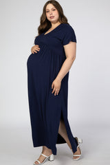 Navy Blue Empire Waist Side Slit Maternity Plus Maxi Dress