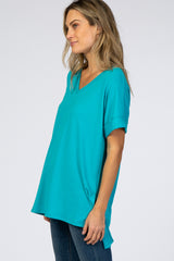 Turquoise V-Neck Cuffed Short Sleeve Top