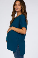 Teal V-Neck Cuffed Short Sleeve Maternity Top