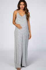 Heather Grey Striped Cami Strap Maternity Maxi Dress
