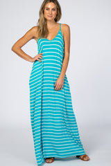 Aqua Striped Cami Strap Maternity Maxi Dress