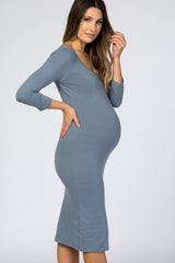 Blue Grey 3/4 Sleeve Fitted Maternity Dress