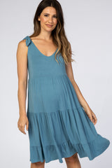 Blue Tiered Tie Sleeve Maternity Dress