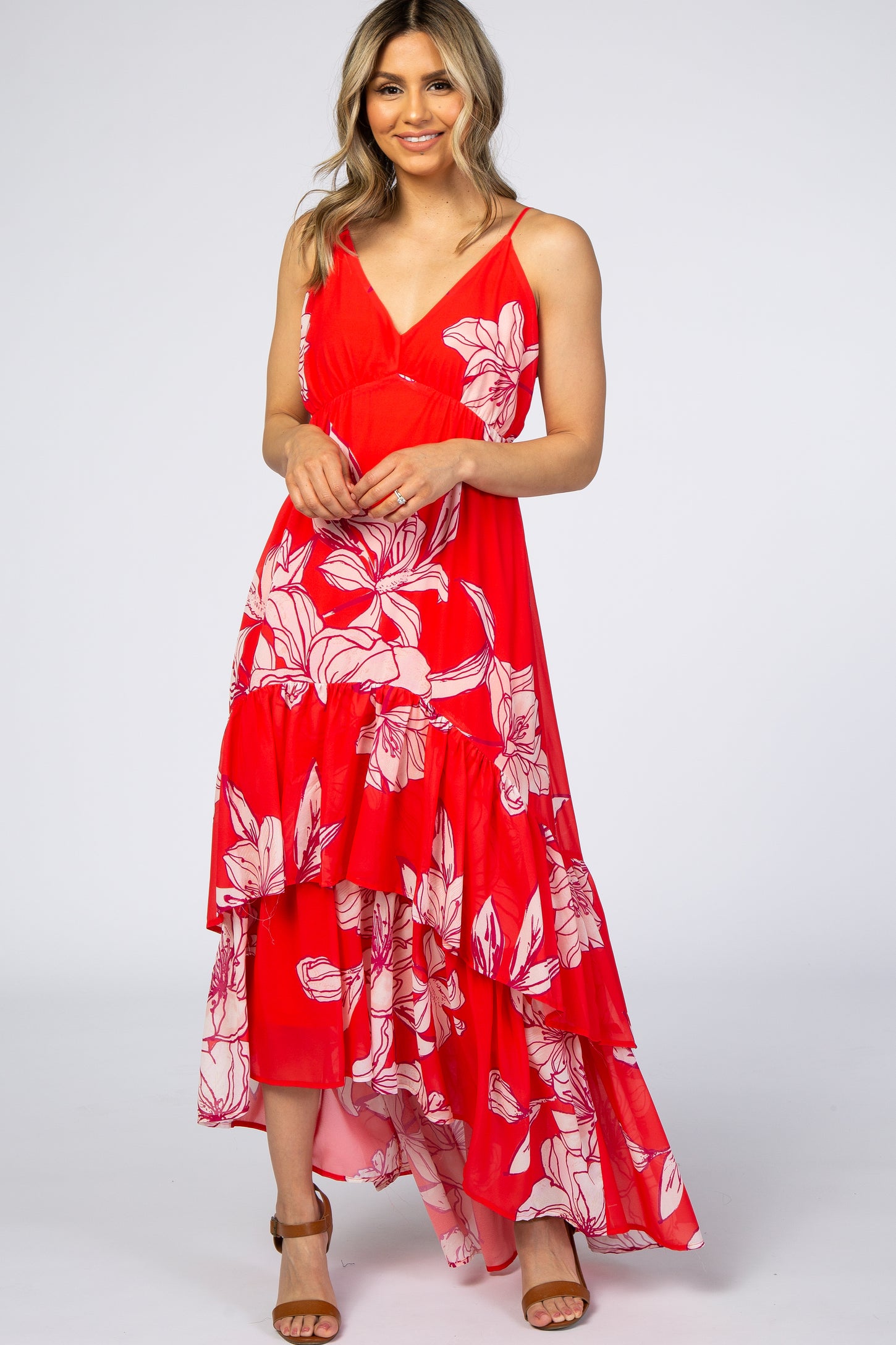 Red Chiffon Floral Hi-Low Tiered Dress