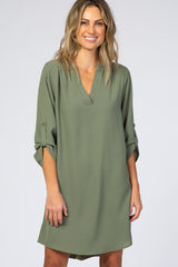 Olive Solid V-Neck 3/4 Sleeve Dress