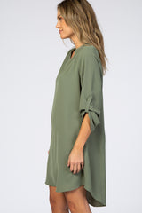 Olive Solid V-Neck 3/4 Sleeve Dress
