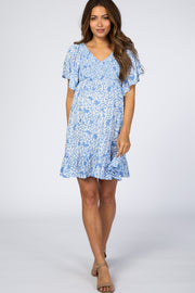 Blue Floral Smocked Ruffle Maternity Dress