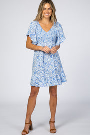 Blue Floral Smocked Ruffle Dress