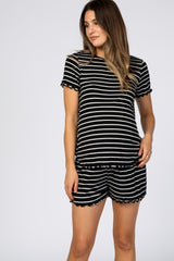 Black Striped Ruffle Trim Maternity Pajama Set
