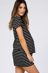 Black Striped Ruffle Trim Maternity Pajama Set