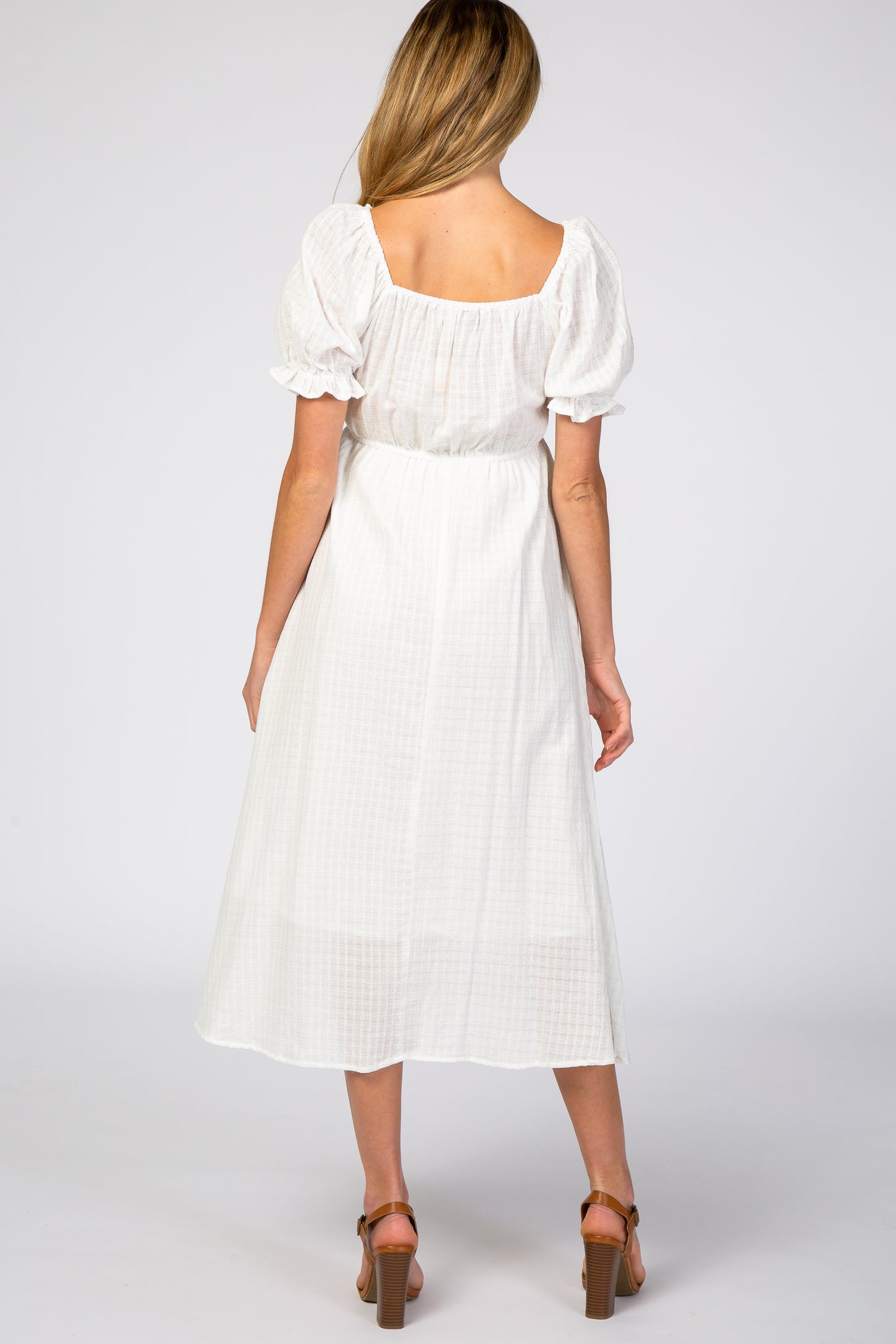 White Smocked Puff Sleeve Maternity Midi Dress