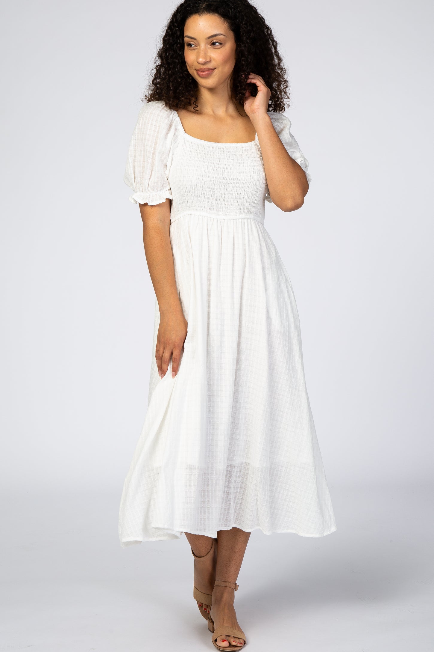 White Smocked Puff Sleeve Maternity Midi Dress