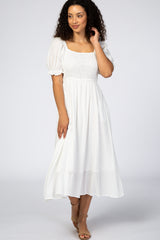 White Smocked Puff Sleeve Maternity Midi Dress