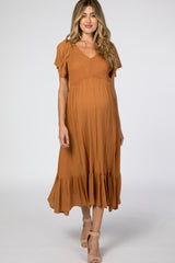 Camel Smocked V-Neck Maternity Midi Dress
