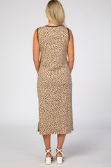 Taupe Leopard Print Sleeveless Side Slit Maternity Midi Dress