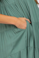 Green Pleated Ruffle Tier Maternity Midi Dress