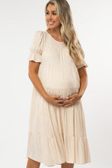 Beige Pleated Ruffle Tier Maternity Midi Dress