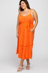 Orange Front Button Ruffle Tiered Hem Plus Midi Dress
