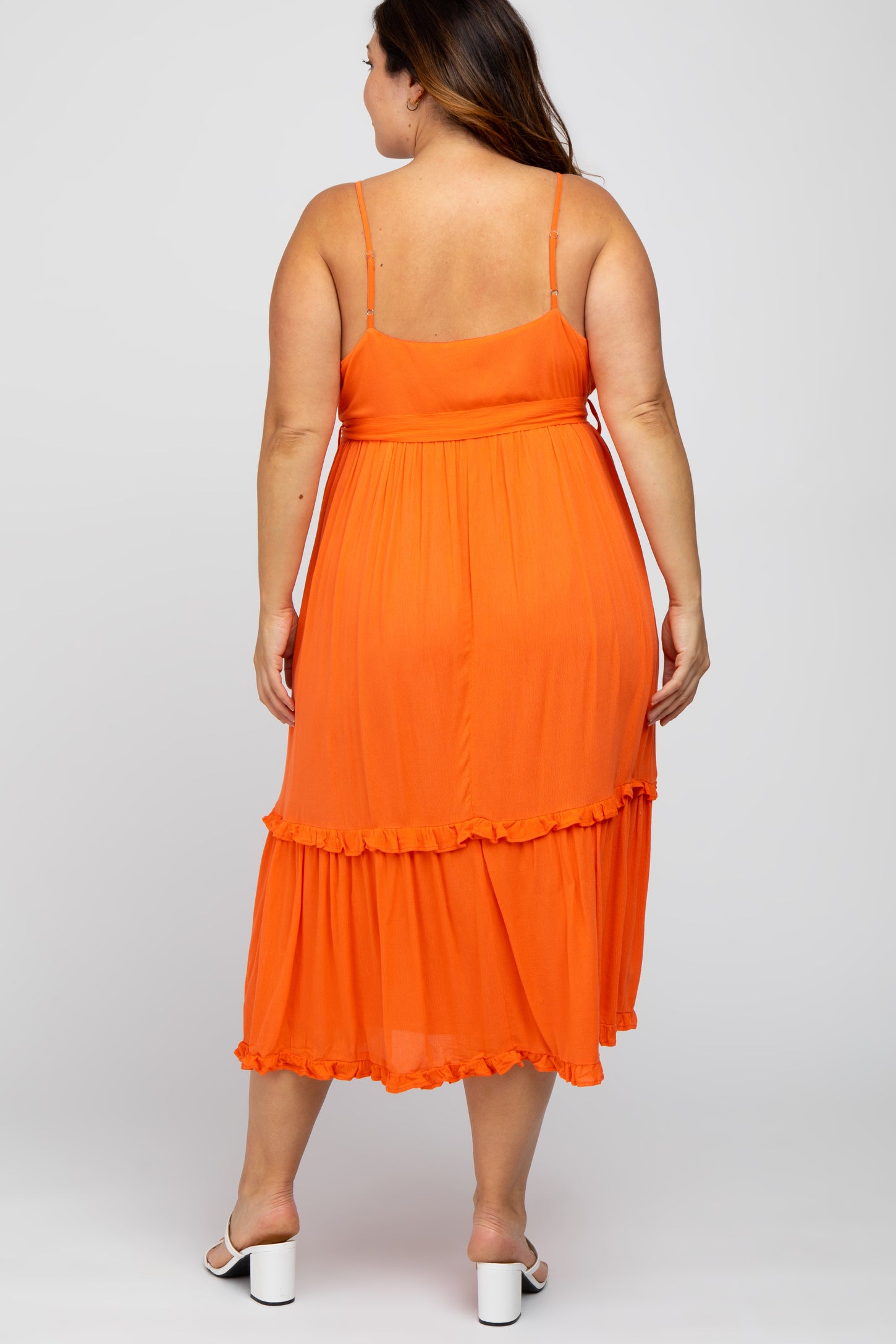 Orange Front Button Ruffle Tiered Hem Plus Midi Dress
