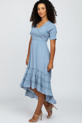 Blue Smocked Ruffle Hi-Lo Midi Dress