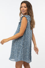 Blue Spotted Ruffle Shoulder Maternity Dress