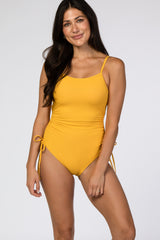 Yellow Ribbed Side Tie One-Piece Swimsuit
