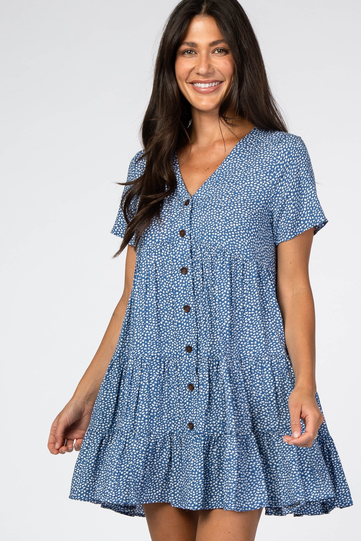 Blue Printed Button Front Dress
