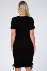 Black Fitted Ruched Drawstring Side Maternity Dress