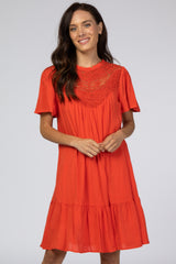 Orange Red Crochet Front Ruffle Hem Dress