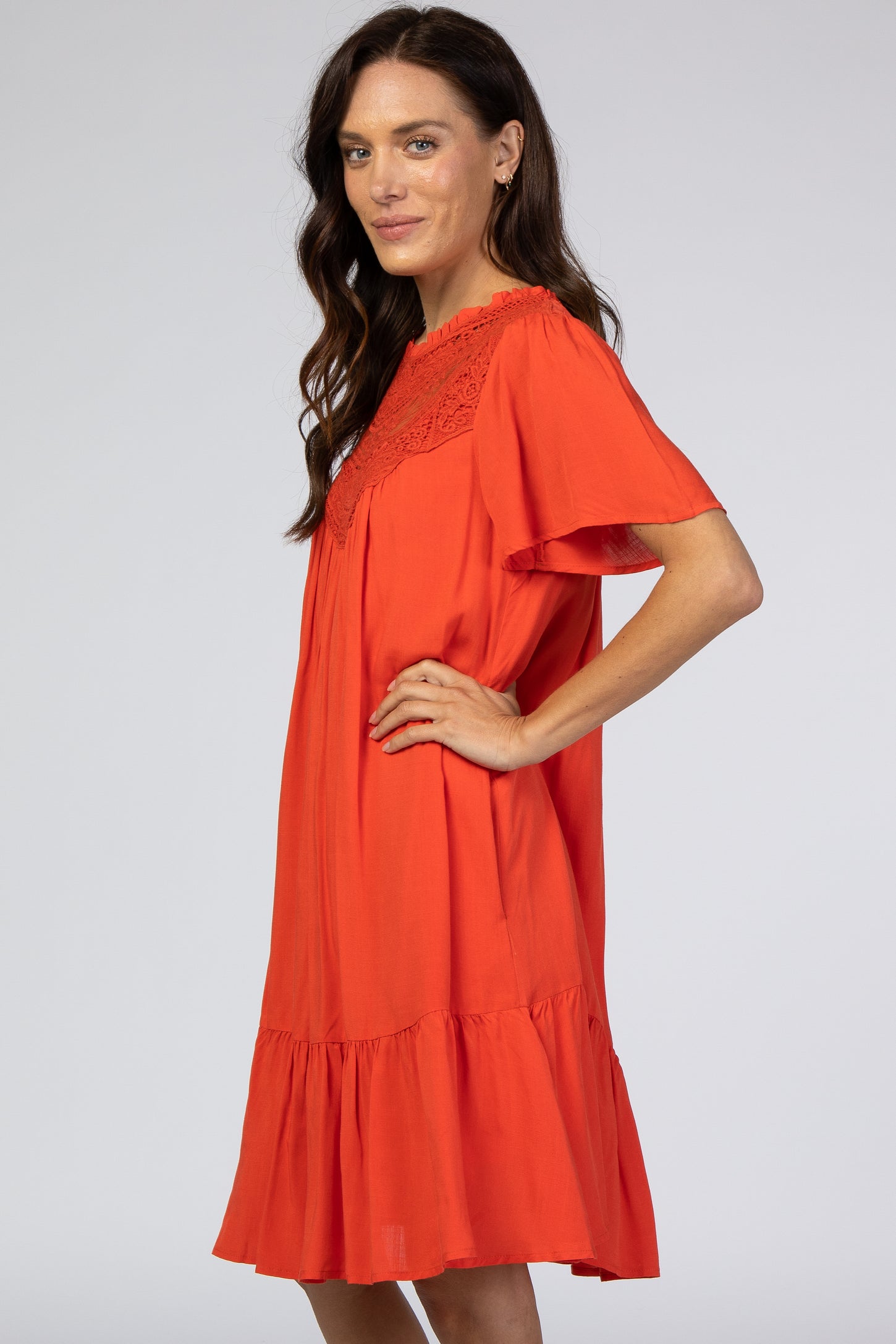 Orange Red Crochet Front Ruffle Hem Dress
