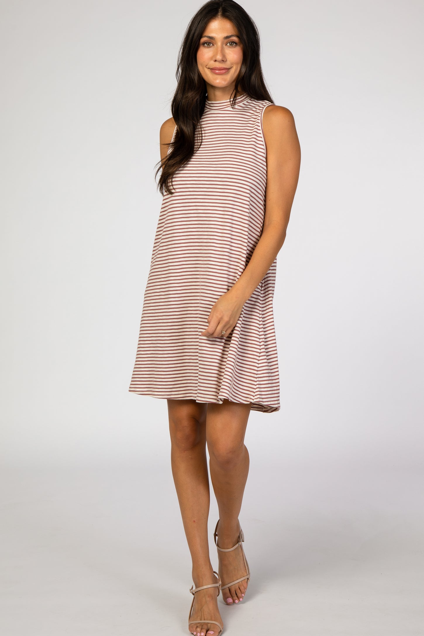Mauve Striped Mock Neck Sleeveless Dress