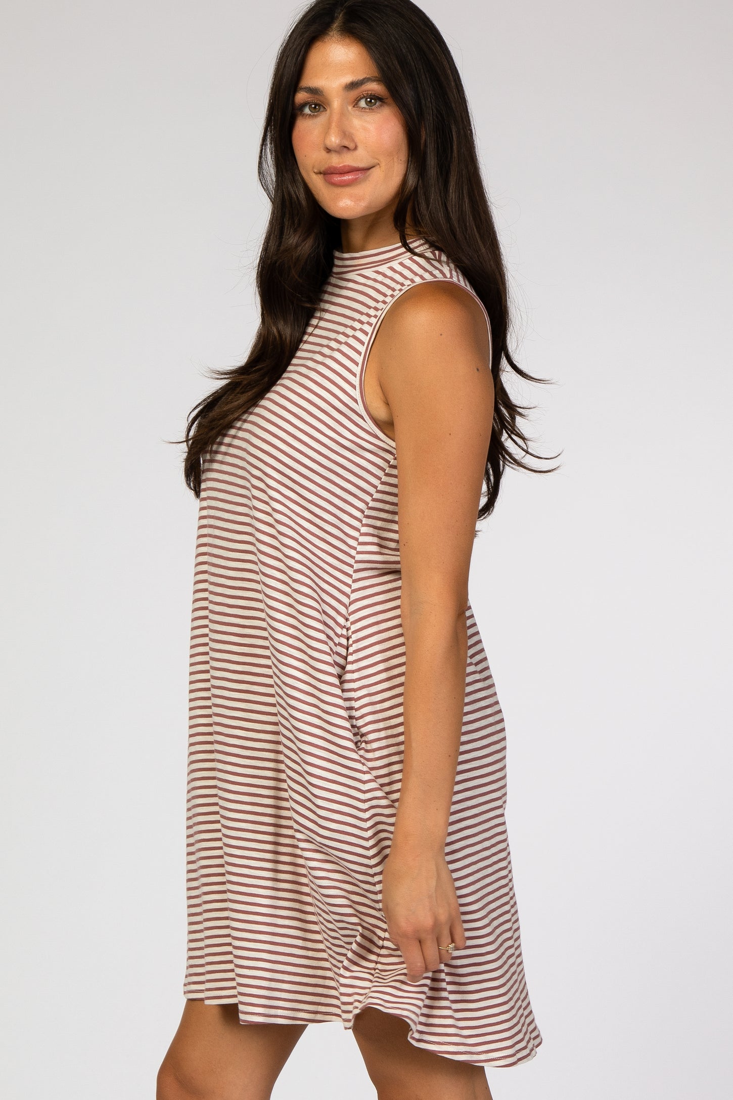 Mauve Striped Mock Neck Sleeveless Dress