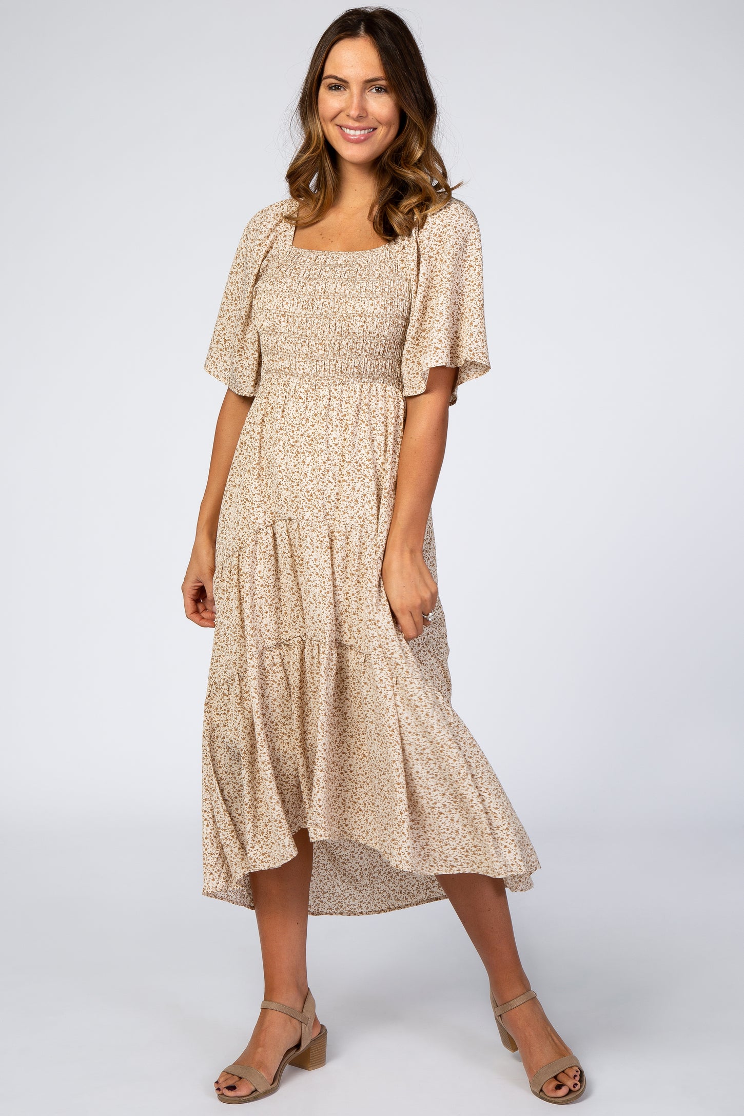 Ivory Floral Smocked Square Neck Maternity Midi Dress
