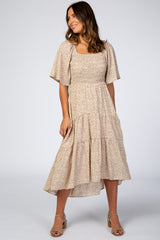 Ivory Floral Smocked Square Neck Midi Dress