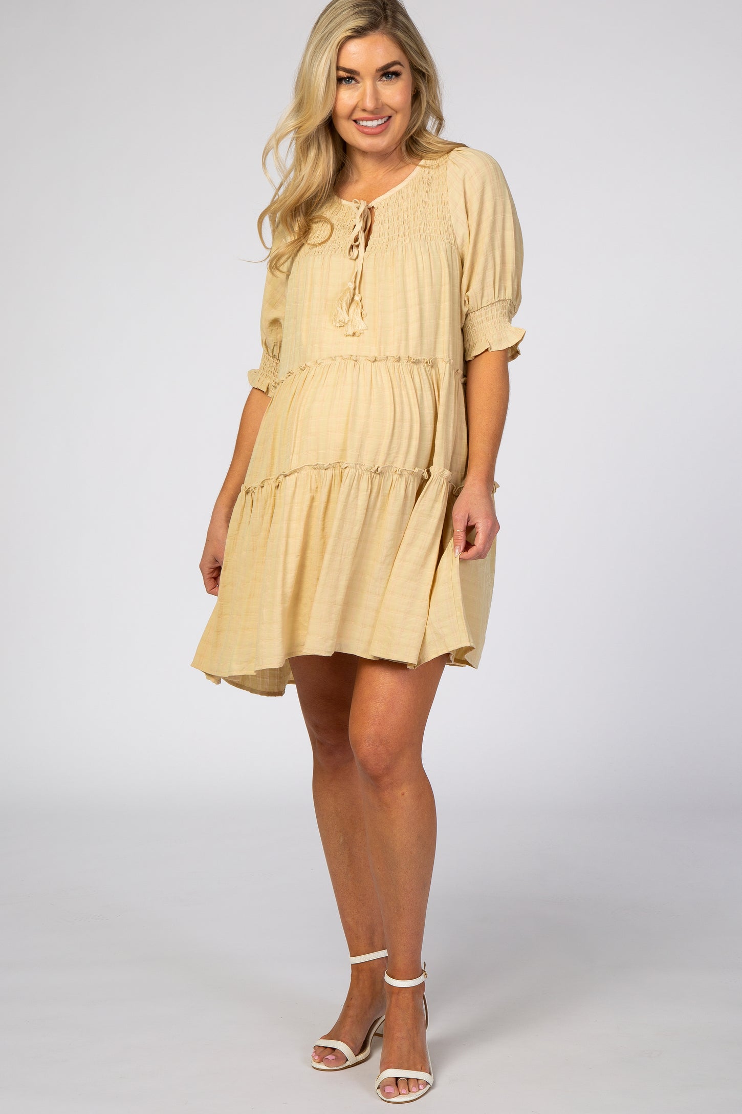 Cream Smocked Tiered Maternity Dress