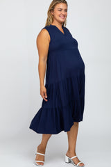 Navy Blue Split Neck Tiered Maternity Plus Midi Dress