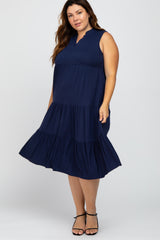 Navy Blue Split Neck Tiered Maternity Plus Midi Dress