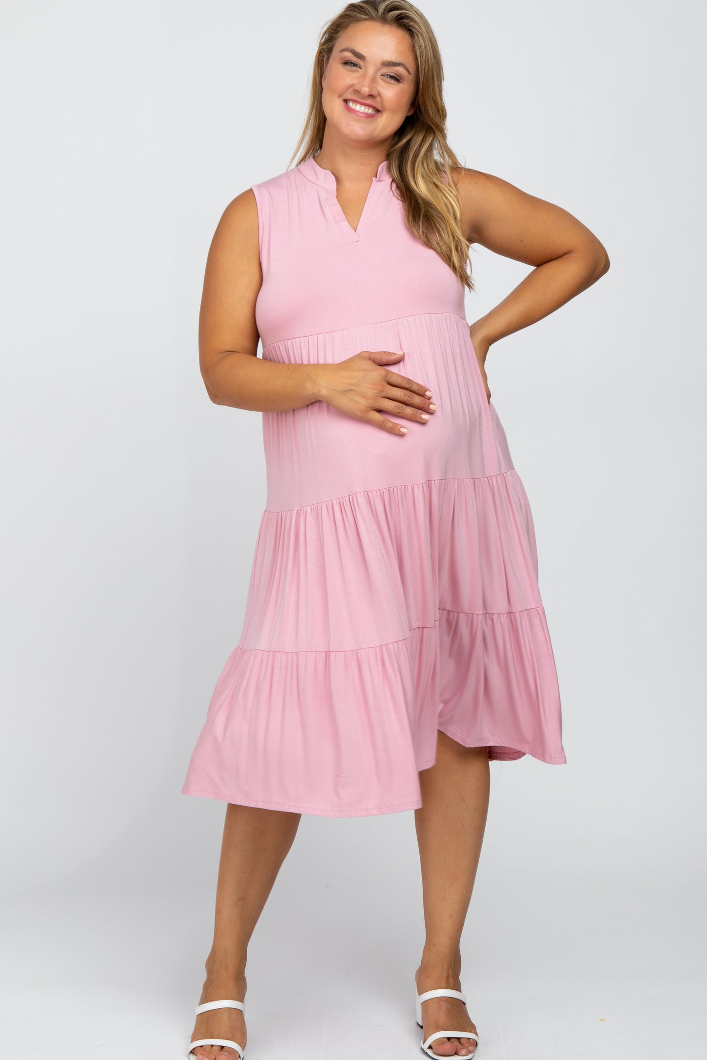 Pink Split Neck Tiered Maternity Plus Midi Dress