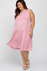 Pink Split Neck Tiered Maternity Plus Midi Dress