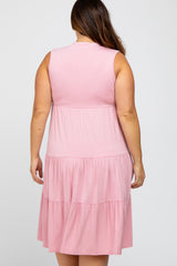 Pink Split Neck Tiered Plus Midi Dress