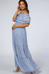 Light Blue Off Shoulder Eyelet Tiered Maternity Maxi Dress