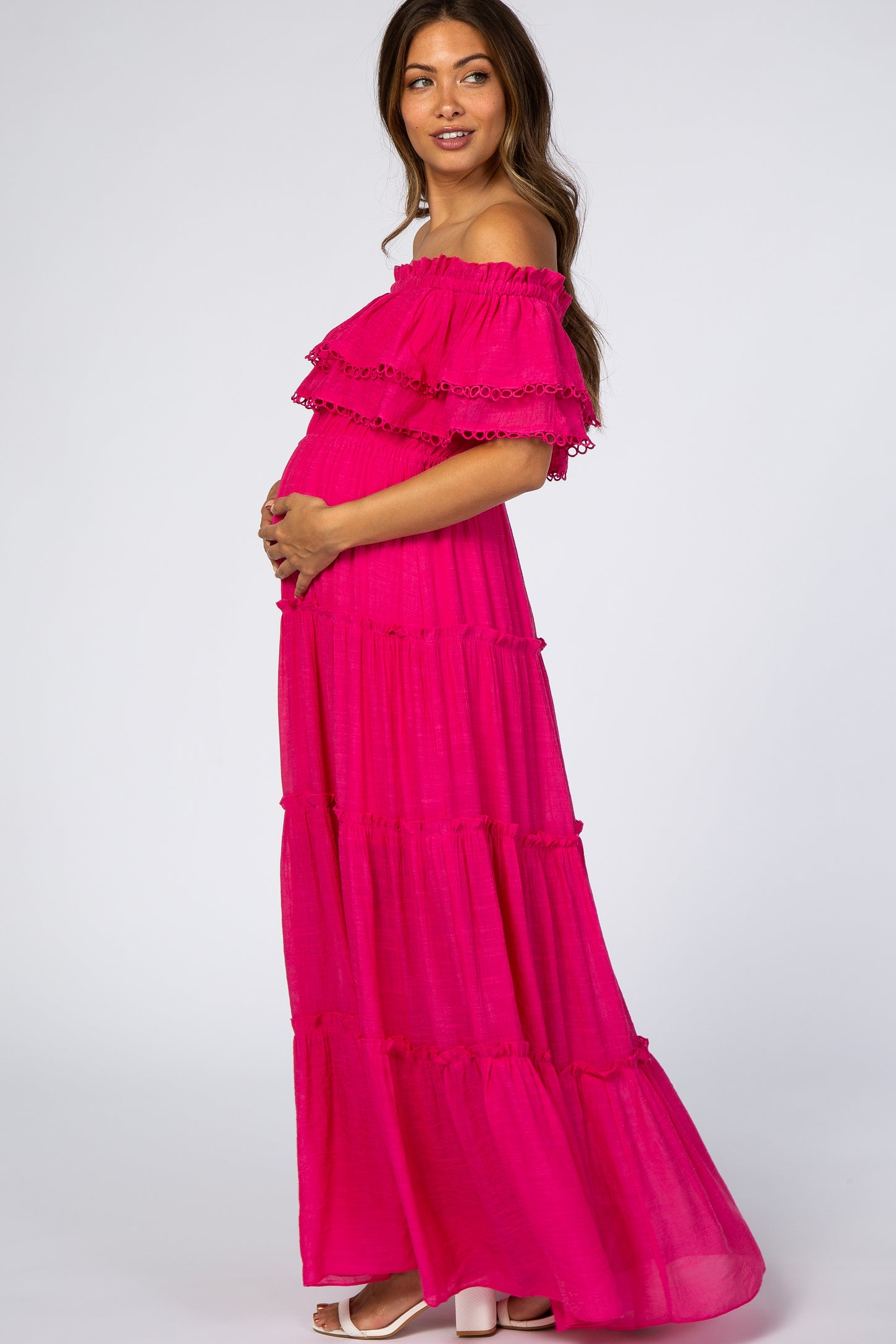 Fuchsia Eyelet Off Shoulder Tiered Maternity Maxi Dress