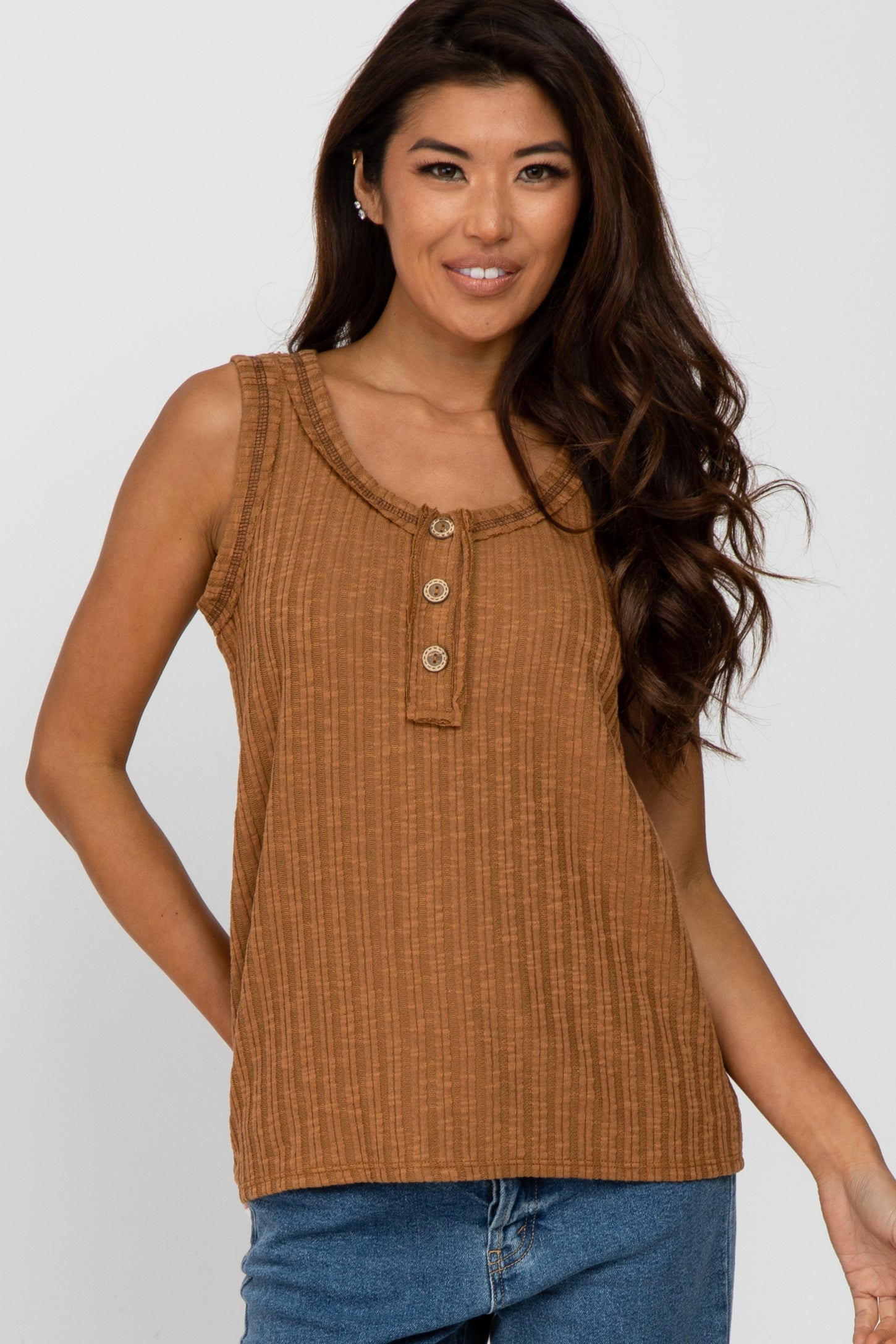Camel Sleeveless Knit Button Accent Maternity Top