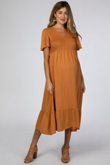 Rust Smocked Flounce Sleeve Maternity Midi Dress