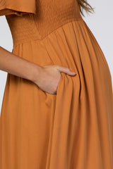 Rust Smocked Flounce Sleeve Maternity Midi Dress