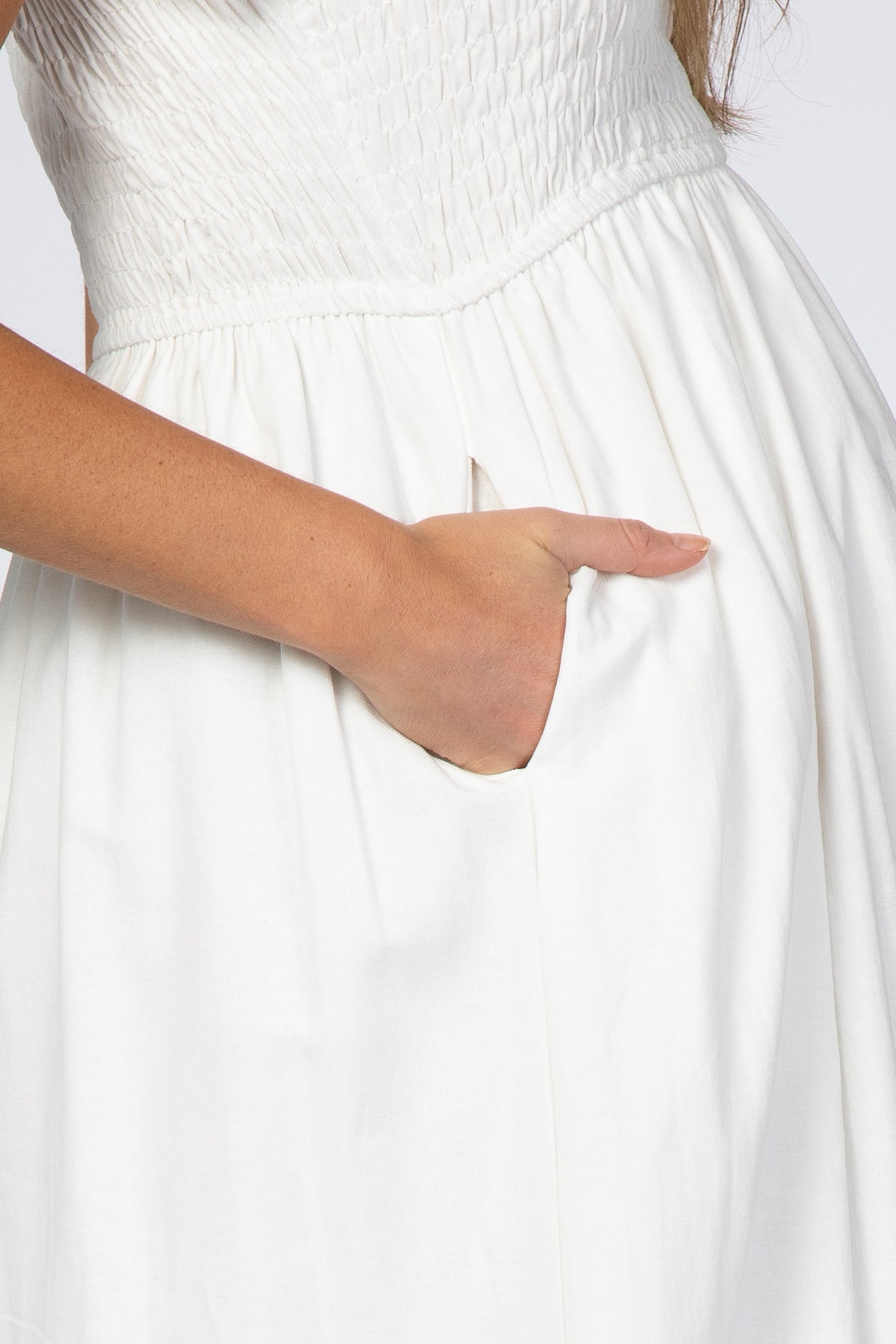 White Smocked Maternity Maxi Dress